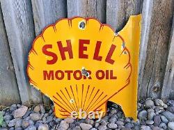 VINTAGE DOUBLE SIDED SHELL MOTOR OIL FLANGE 18.5 x 18 PORCELAIN ENAMEL OIL SIGN