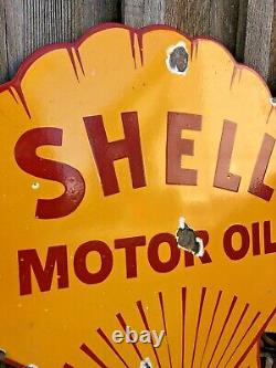 VINTAGE DOUBLE SIDED SHELL MOTOR OIL FLANGE 18.5 x 18 PORCELAIN ENAMEL OIL SIGN