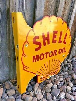 VINTAGE DOUBLE SIDED SHELL MOTOR OIL FLANGE 18.5 x 18 PORCELAIN ENAMEL OIL SIGN