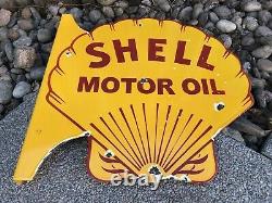 VINTAGE DOUBLE SIDED SHELL MOTOR OIL FLANGE 18.5 x 18 PORCELAIN ENAMEL OIL SIGN