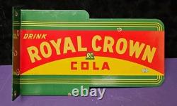 VINTAGE Drink ROYAL CROWN COLA RC DOUBLE-SIDED BRACKET SODA PORCELAIN SIGN GAS