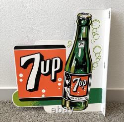 VINTAGE LARGE 16.25x18 7UP DOUBLE SIDED FLANGE SODA POP PORCELAIN GAS OIL SIGN