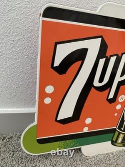 VINTAGE LARGE 16.25x18 7UP DOUBLE SIDED FLANGE SODA POP PORCELAIN GAS OIL SIGN