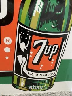 VINTAGE LARGE 16.25x18 7UP DOUBLE SIDED FLANGE SODA POP PORCELAIN GAS OIL SIGN
