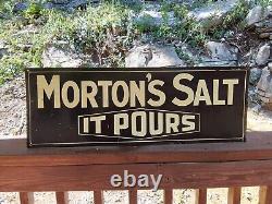 VINTAGE MORTON SALT IT POURS ORIGINAL METAL SIGN ADVERTISEMENT Double Sided