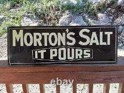 VINTAGE MORTON SALT IT POURS ORIGINAL METAL SIGN ADVERTISEMENT Double Sided