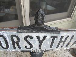 VINTAGE ORIGINAL 1920's FORSYTHIA DOUBLE SIDED EMBOSSED STREET SIGN WITH FINIAL