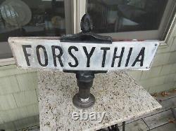 VINTAGE ORIGINAL 1920's FORSYTHIA DOUBLE SIDED EMBOSSED STREET SIGN WITH FINIAL