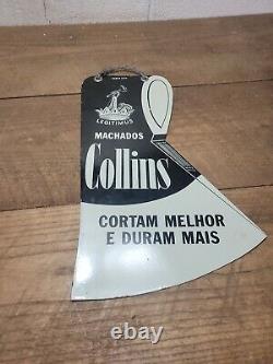 VINTAGE Original COLLINS LEGITIMUS AXE DOUBLE SIDED PORCELAIN SIGN, 18 x 12