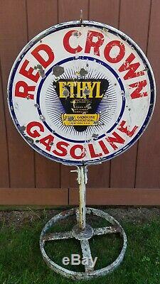 VTG 1930s RED CROWN ETHYL GASOLINE DOUBLE SIDED PORCELAIN LOLLIPOP CURB SIGN 30