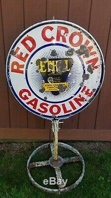 VTG 1930s RED CROWN ETHYL GASOLINE DOUBLE SIDED PORCELAIN LOLLIPOP CURB SIGN 30