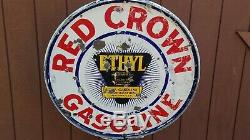 VTG 1930s RED CROWN ETHYL GASOLINE DOUBLE SIDED PORCELAIN LOLLIPOP CURB SIGN 30