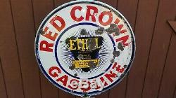 VTG 1930s RED CROWN ETHYL GASOLINE DOUBLE SIDED PORCELAIN LOLLIPOP CURB SIGN 30