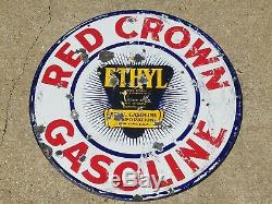 VTG 1930s RED CROWN ETHYL GASOLINE DOUBLE SIDED PORCELAIN LOLLIPOP CURB SIGN 30