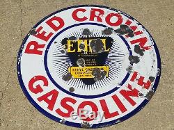 VTG 1930s RED CROWN ETHYL GASOLINE DOUBLE SIDED PORCELAIN LOLLIPOP CURB SIGN 30