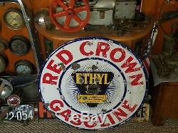 VTG 1930s RED CROWN ETHYL GASOLINE DOUBLE SIDED PORCELAIN LOLLIPOP CURB SIGN 30