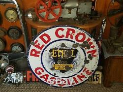 VTG 1930s RED CROWN ETHYL GASOLINE DOUBLE SIDED PORCELAIN LOLLIPOP CURB SIGN 30