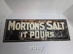 VTG Original MORTON'S SALT IT POURS Metal Sign Ad 28x10 Double Sided Coshocton
