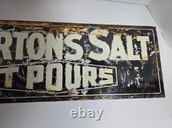 VTG Original MORTON'S SALT IT POURS Metal Sign Ad 28x10 Double Sided Coshocton