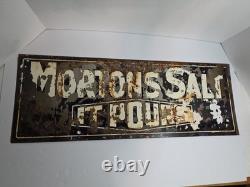 VTG Original MORTON'S SALT IT POURS Metal Sign Ad 28x10 Double Sided Coshocton