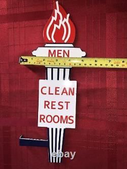 Vintage 12 Amoco Men's Clean Restroom Porcelain Double Sided Flange Sign
