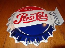 Vintage 14 Inch Pepsi Cola Double Sided Metal Flange Sign Great Condition # 603