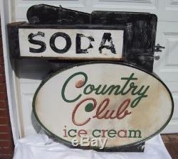 Vintage 1940's 50's Soda Country Club Ice Cream Outdoor Store Sign Double Sided
