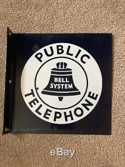 Vintage 1940's Porcelain Bell System Public Telephone Double Sided Flange Sign