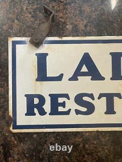 Vintage 1950s Gas Station Ladies Rest Room Double Sided Porcelain Sign 6.5x17