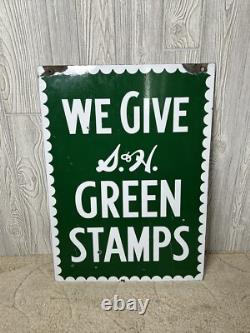 Vintage 1952 S & H Green Stamps Double Sided Heavy Porcelain Sign 20x28