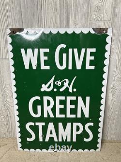 Vintage 1952 S & H Green Stamps Double Sided Heavy Porcelain Sign 20x28