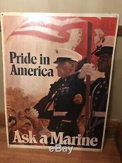 Vintage 1968 Vietnam Era Marine Corps Recruitment Metal Double Sided Sign