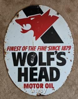 Vintage 1976 Wolf's Head Motor Oil Sign Metal Porcelain Double Sided, Rusted