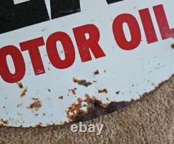 Vintage 1976 Wolf's Head Motor Oil Sign Metal Porcelain Double Sided, Rusted