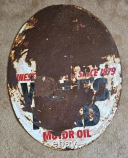 Vintage 1976 Wolf's Head Motor Oil Sign Metal Porcelain Double Sided, Rusted