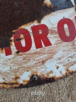 Vintage 1976 Wolf's Head Motor Oil Sign Metal Porcelain Double Sided, Rusted
