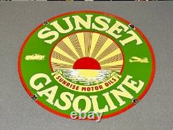 Vintage 24 Sunset Gasoline Sun Double Sided Dealership Porcelain Sign Gas Oil
