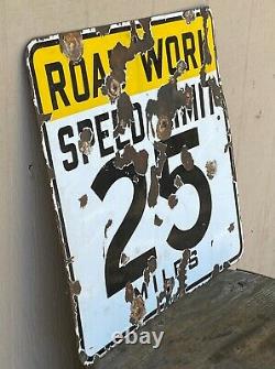 Vintage 25 MPH Speed Limit Double Sided Porcelain Sign Original Road Work Street