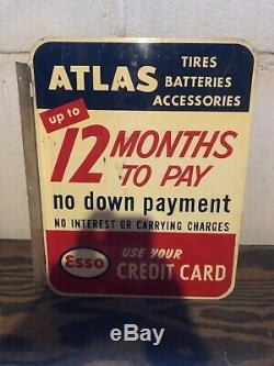 Vintage 50s Original Esso/ Atlas Tires Batteries Double Sided Credit Card Sign