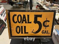Vintage 5 Cents Per Gallon Coal Oil Double Sided Metal Flange Sign GAS OIL SODA