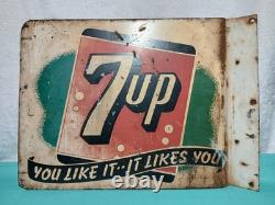 Vintage 7UP -YOU LIKE IT- 1941 Original Double-Sided Metal Flange Sign 14x10