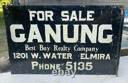 Vintage Advertising Ganung Real Estate Double Sided Metal Flange Sign Elmira Ny
