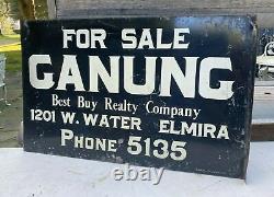 Vintage Advertising Ganung Real Estate Double Sided Metal Flange Sign Elmira Ny