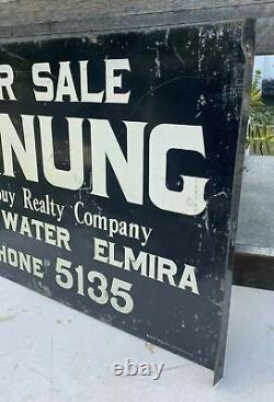 Vintage Advertising Ganung Real Estate Double Sided Metal Flange Sign Elmira Ny