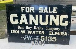 Vintage Advertising Ganung Real Estate Double Sided Metal Flange Sign Elmira Ny