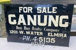 Vintage Advertising Ganung Real Estate Double Sided Metal Flange Sign Elmira Ny