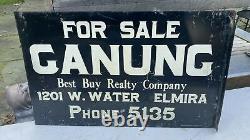 Vintage Advertising Ganung Real Estate Double Sided Metal Flange Sign Elmira Ny