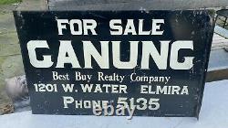 Vintage Advertising Ganung Real Estate Double Sided Metal Flange Sign Elmira Ny