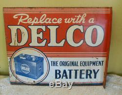 Vintage Antique DELCO BATTERY Sign Double Sided Flange 22X16