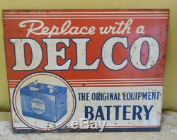 Vintage Antique DELCO BATTERY Sign Double Sided Flange 22X16